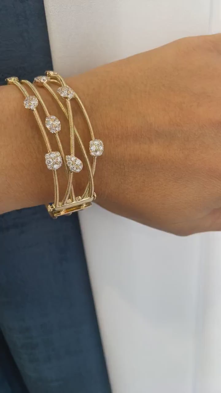 Yellow Gold Coil & Diamond Cluster Wire Bangle