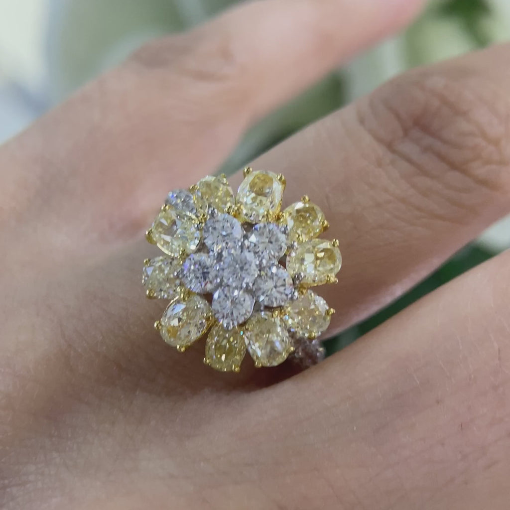 18K White & Yellow Gold Fancy Yellow Diamond Flower Ring – 3.58CT Yellow Diamonds / 1.40CT Side Diamonds | DR053