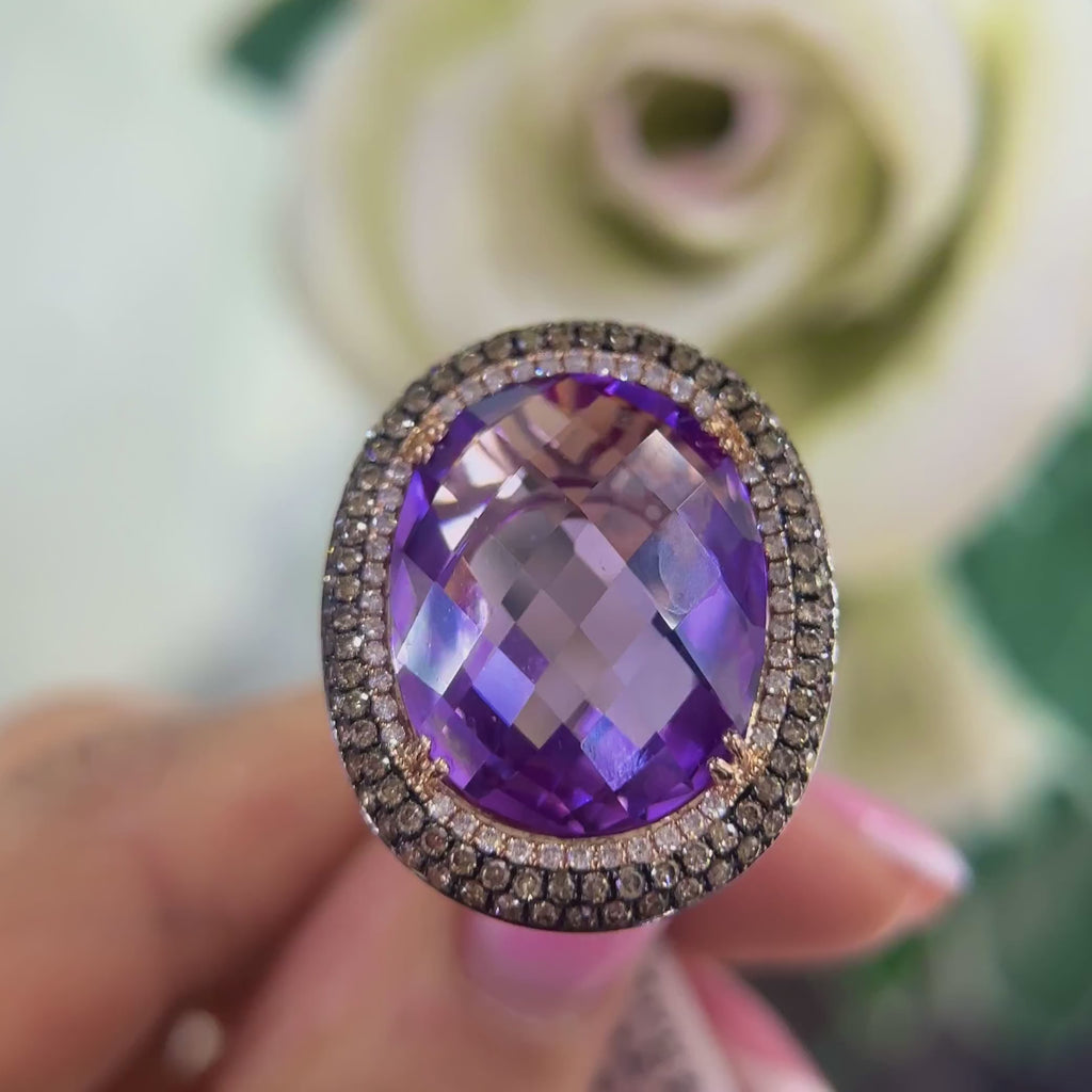 14K Rose Gold Ring with 24.36CT Oval Amethyst, 0.87CT Champagne Diamonds & 0.29CT White Diamonds | COLR014 IENJ