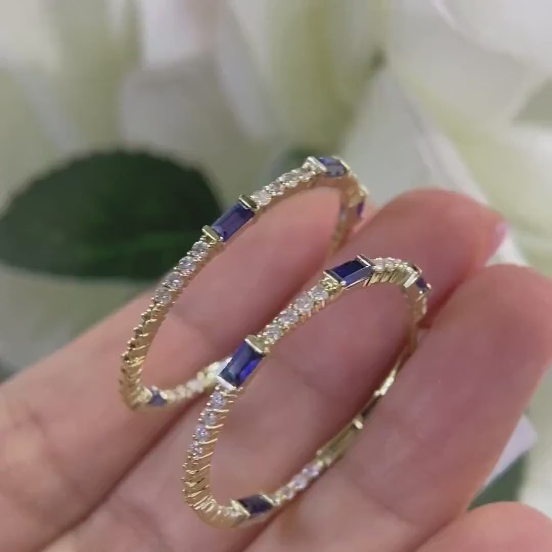 14K Yellow Gold 0.85ct Diamonds & 1.29ct Sapphires Hoops-Earrings