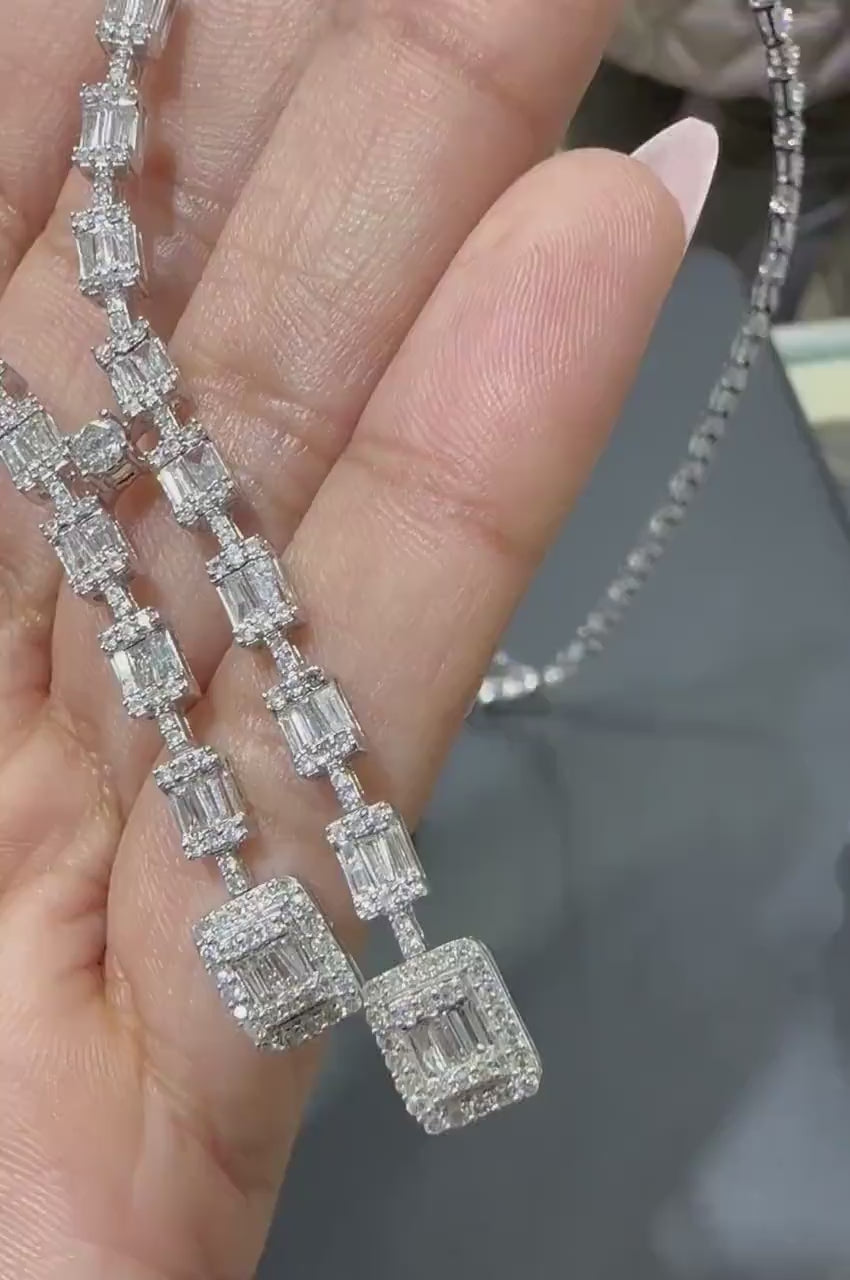 Exquisite 14KT White Gold Necklace: 7 Carats of Natural Round & Baguette Diamonds