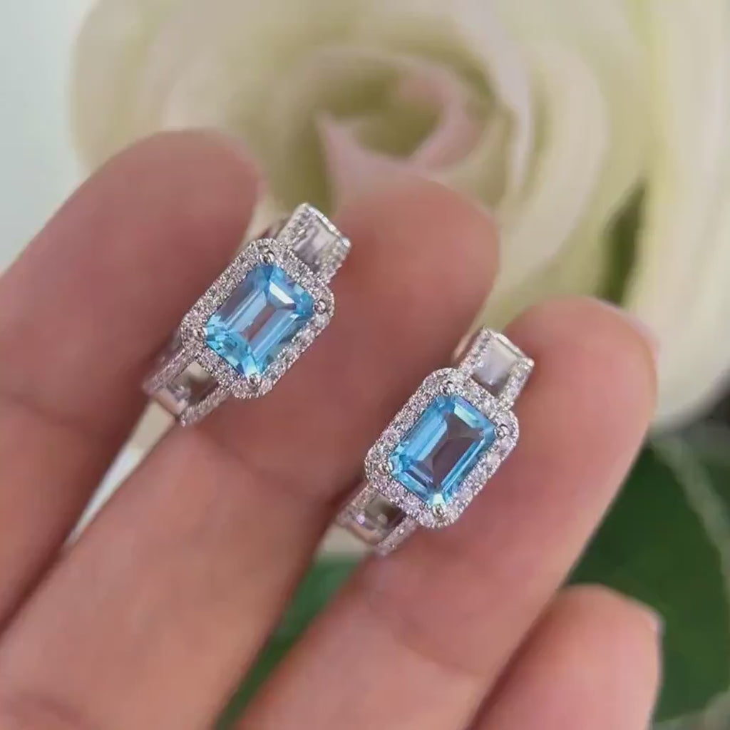 White Gold Blue Topaz and Diamond Huggie Hoop Earring