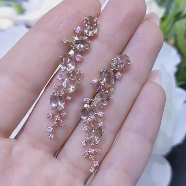 Oval Morganites Round Pink Sapphires and White Round Diamonds Dangling 18K Rose Gold Earrings