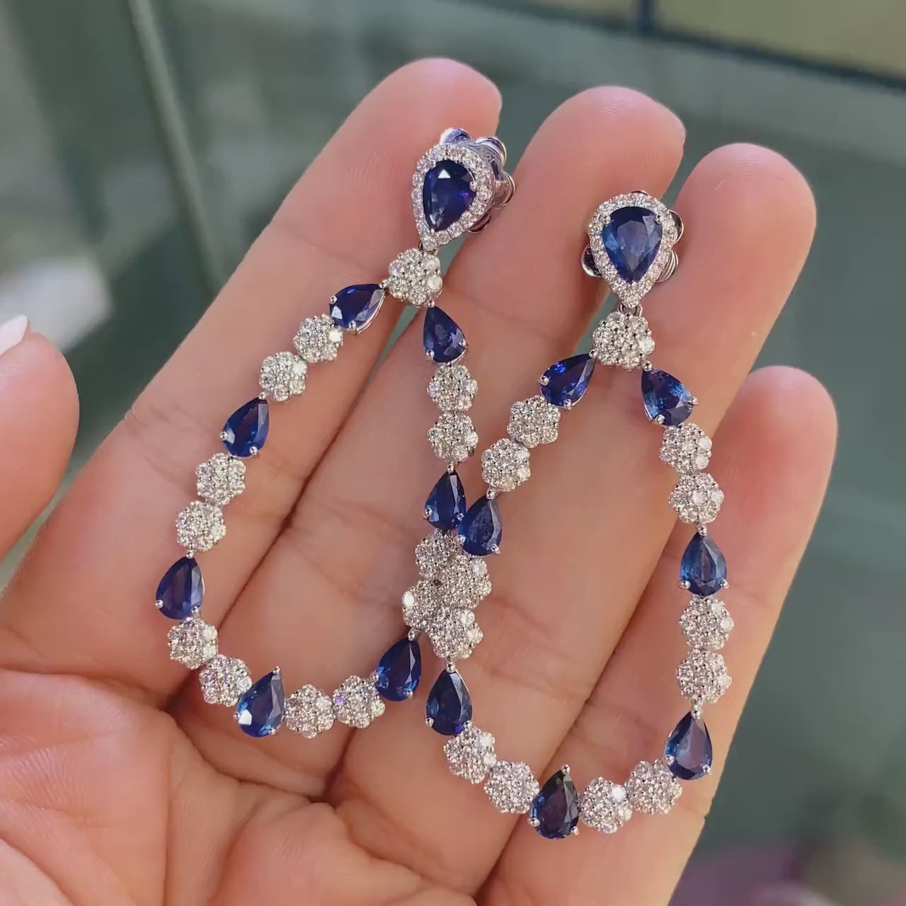 18K White Gold Earrings with Pear Shape Blue Sapphires and Natural Brilliant Round Diamonds. 8.05ct Natural Sapphires & 3.24ct in Diamonds.