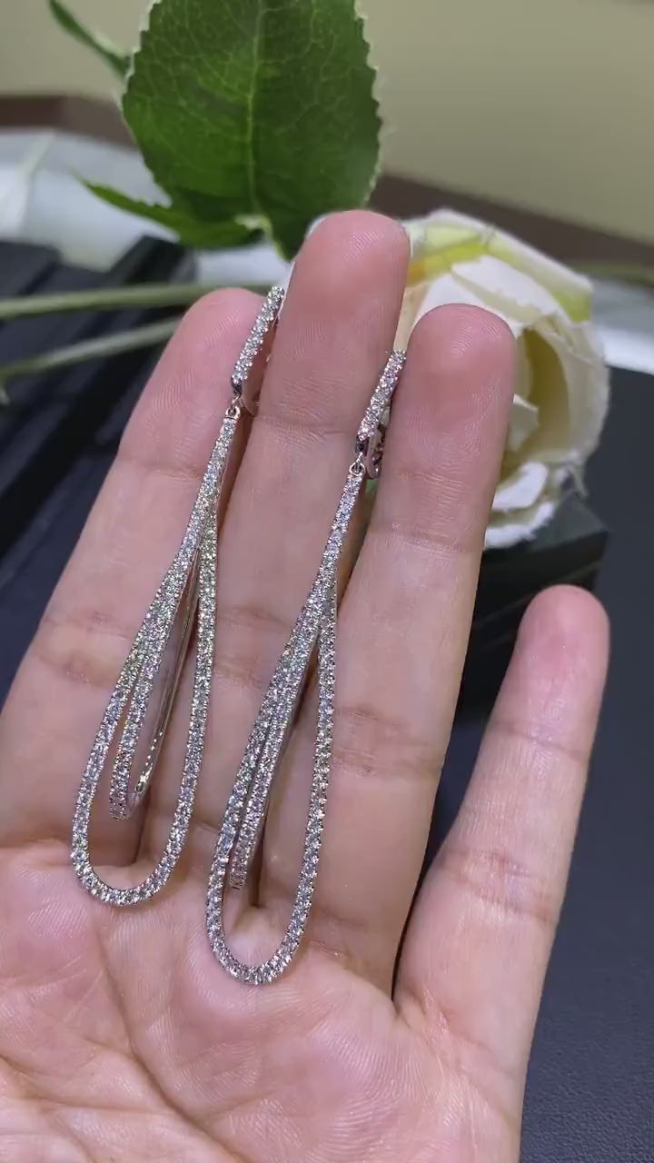 White Gold Double Teardrop Elongated Drop Diamond Earrings