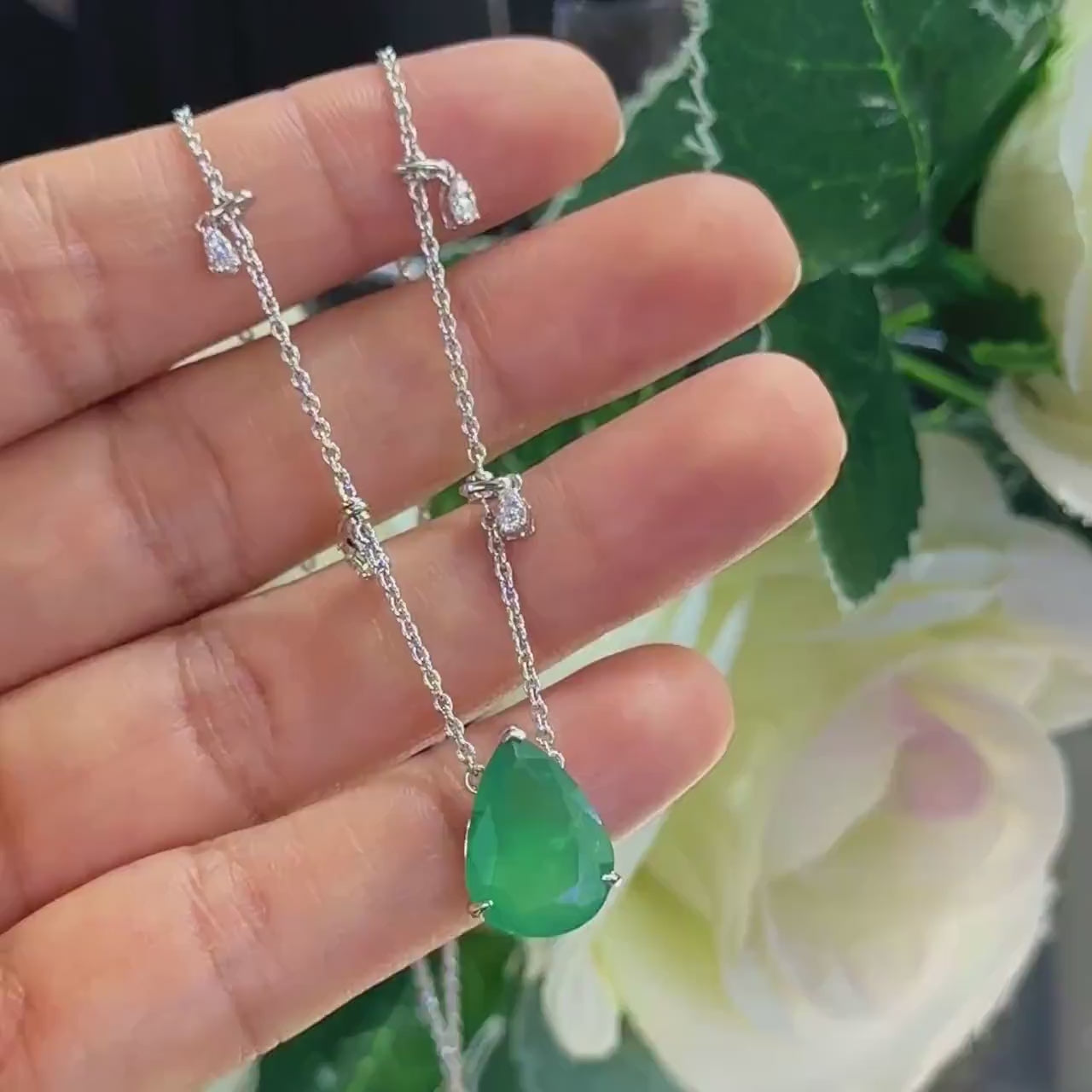 Pear Shape Natural Emerald Pendant with Natural Diamond Necklace