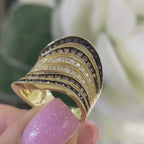 Yellow Gold Six Row Wave Statement Ring with Black and White Earth Mined Diamonds