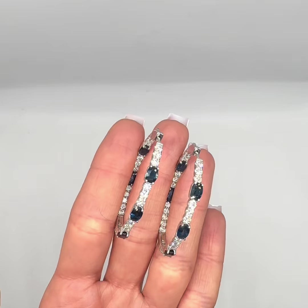 14K White Gold Diamond & Blue Sapphire Hoop Earrings 3.98CT Diamonds, 5.23CT Sapphires SDER023 NNJJ
