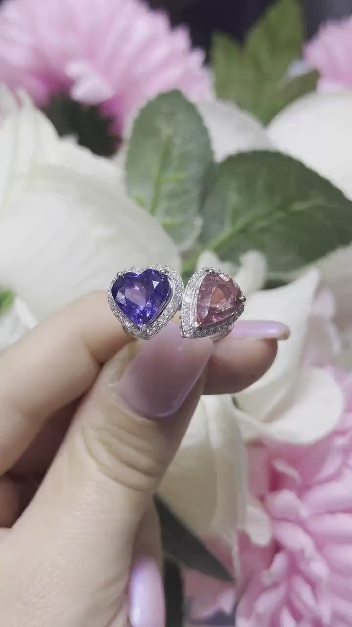 18K Luxurious and Stunning White Gold Diamond Tanzanite & Pink Tourmaline Ring