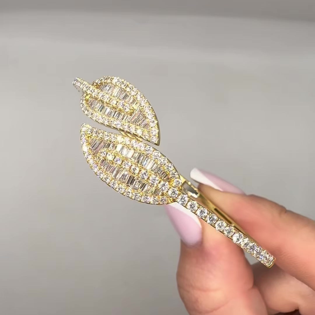 14K Yellow Gold Diamond Leaf Cuff Bracelet – 2.26ct