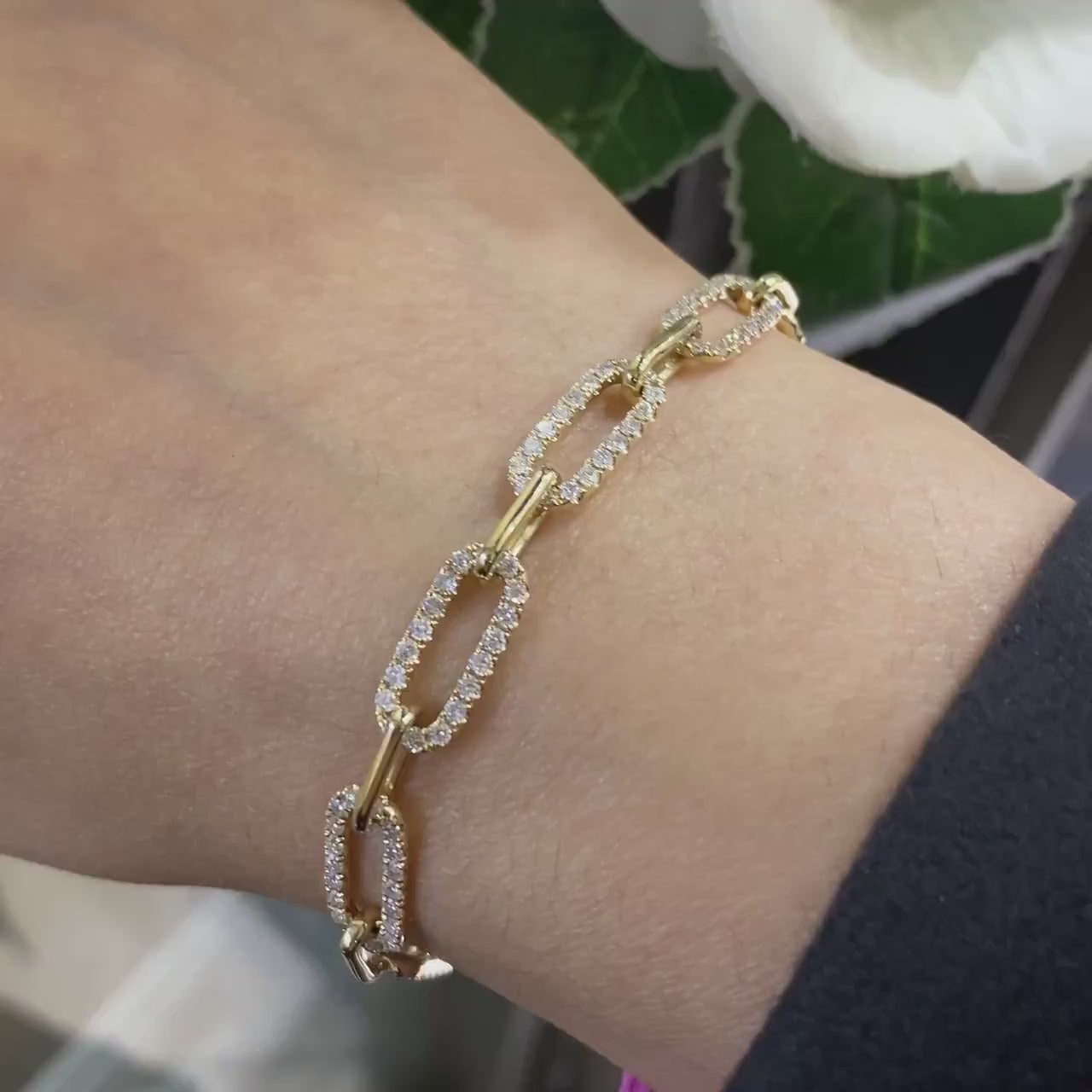 Yellow Gold Paperclip Link Bracelet with Round Cut Diamonds