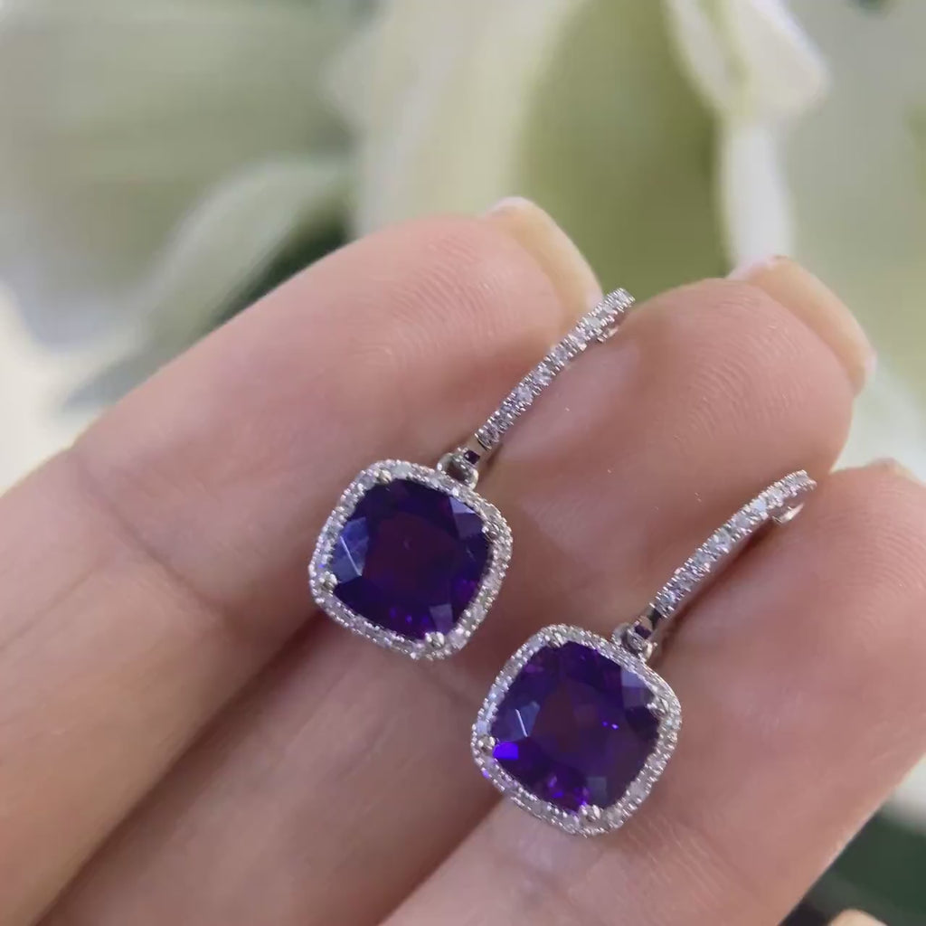 14K White Gold  2.79ct Amethyst Earrings 0.15ct with diamonds.