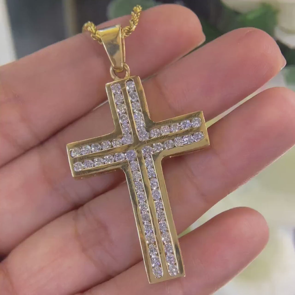 Cross Pendant in 14k Yellow Gold with 2.45ct in round cut diamonds. SI G-H DP19 IEJJ