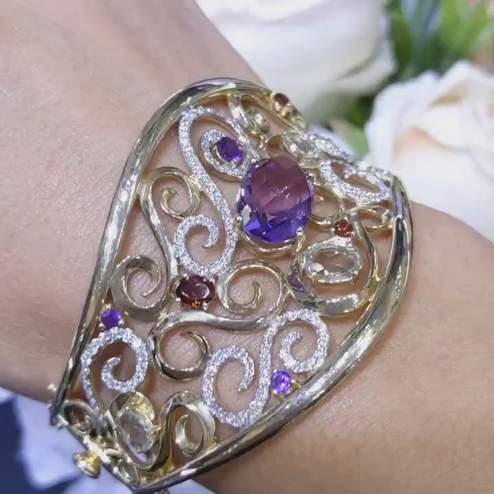 Semi-Precious Color Stone And Diamond 14K Solid Yellow Gold Fashion Wide Cuff Bangle