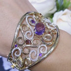Semi-Precious Color Stone And Diamond 14K Solid Yellow Gold Fashion Wide Cuff Bangle