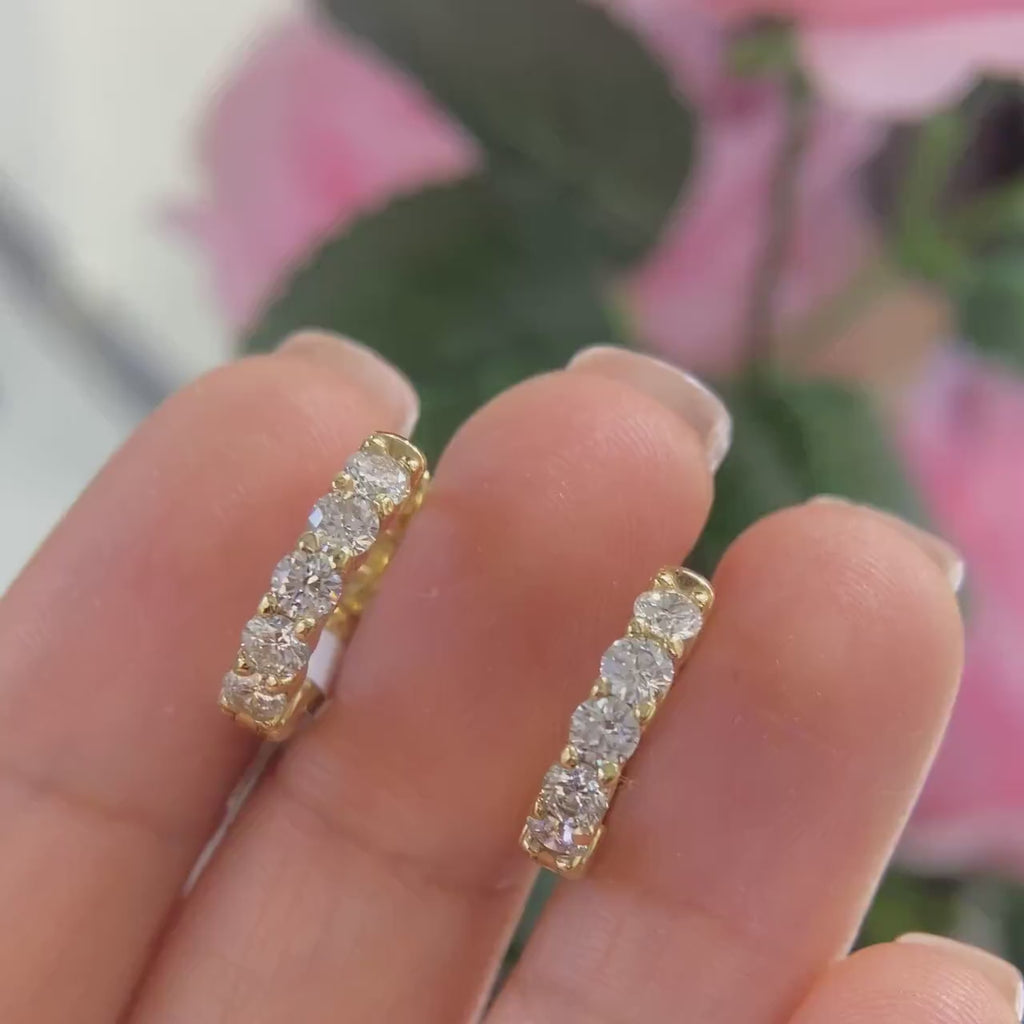 14K Yellow Gold Small Hoop Earrings 1.25ct Natural Diamonds Earrings