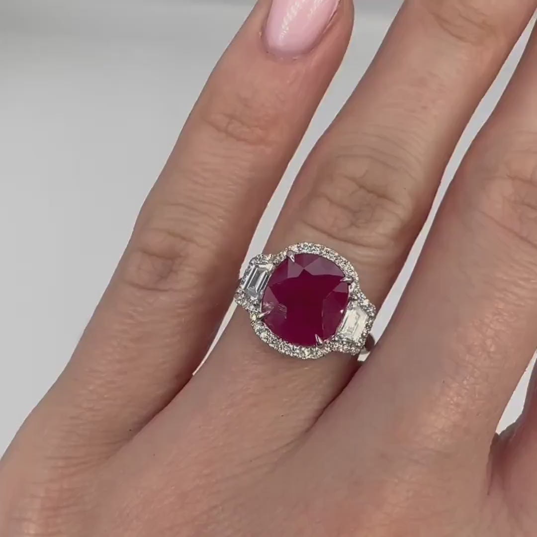 14KT White Gold Ring with 3.59ct Oval Natural Ruby and 0.74ct Total Natural Diamonds (VS2–SI1). AJJJ
