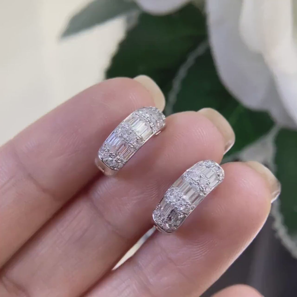 White Gold Small Huggie Hoop Earrings with Baguette and Round Cut Diamonds