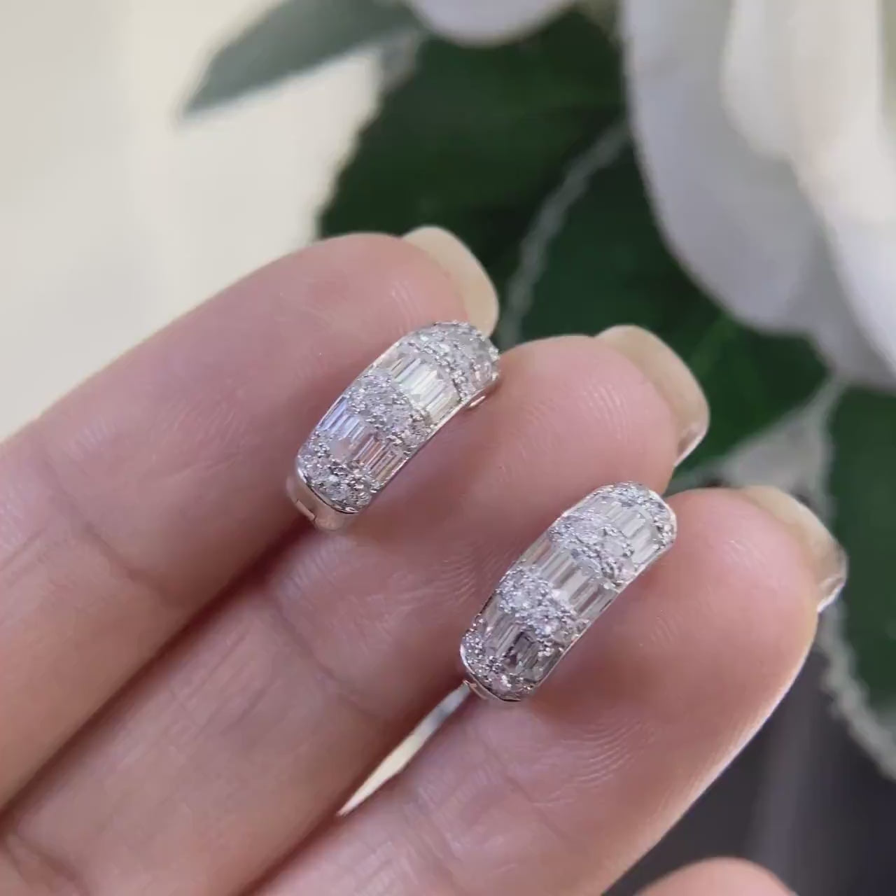 White Gold Small Huggie Hoop Earrings with Baguette and Round Cut Diamonds
