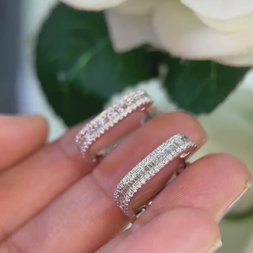 White Gold Diamond Huggie Hoop Earrings, 14k White Gold Earrings