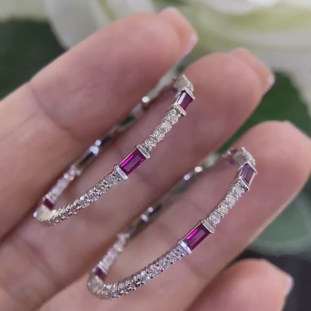 14K White Gold 0.86ct Rubies Hoops with 0.95ct in Diamonds. DC-E14140-12