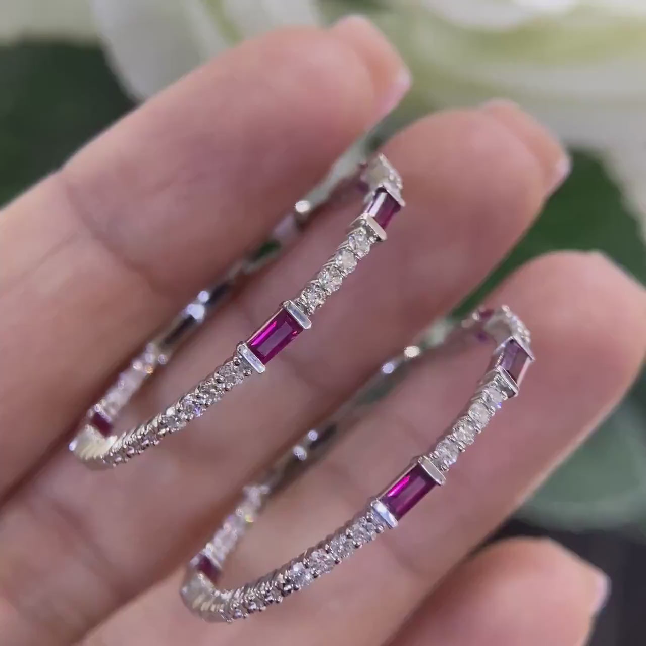 14K White Gold 0.86ct Rubies Hoops with 0.95ct in Diamonds. DC-E14140-12