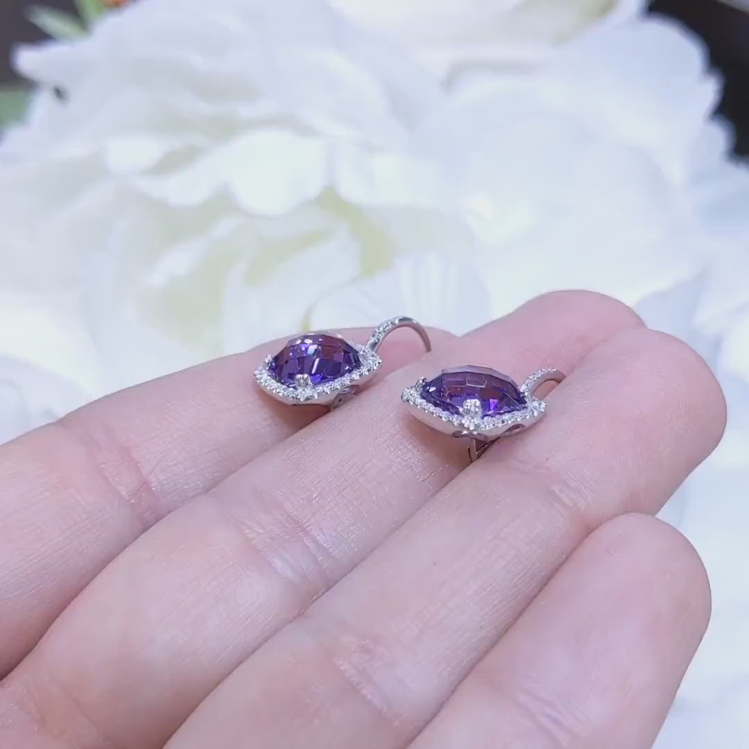 4.96CT Amethyst and Diamond Halo Earrings in 14K White Gold