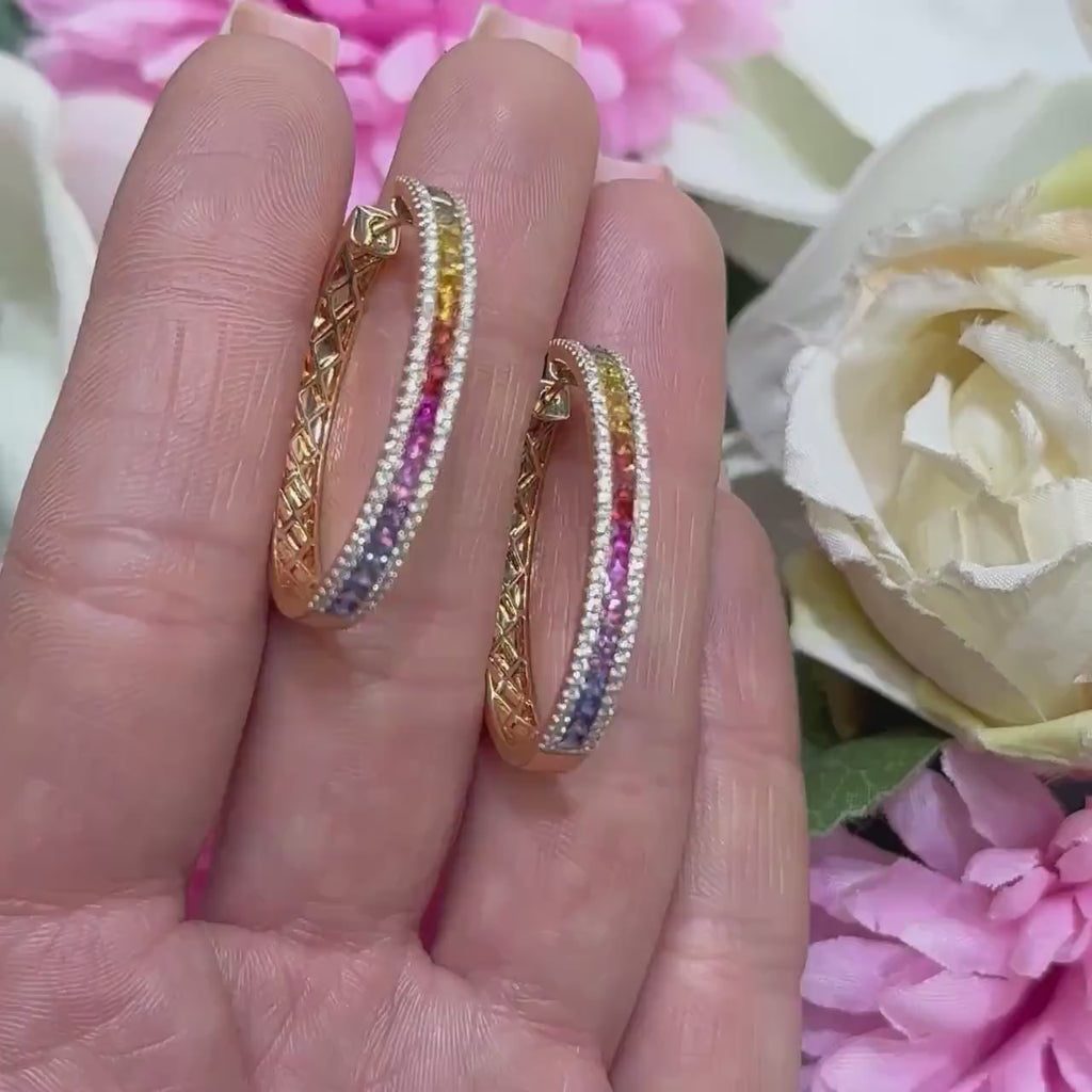 18KT Rose Gold Diamond and Multi-Color Sapphire Oval Hoop Earrings – 0.69 CTW Diamonds, 2.28 CTW Sapphires GZJJ